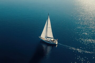 Fototapeta premium A sailboat glides on calm blue waters, white sails shining in the sun, embodying peace and beauty