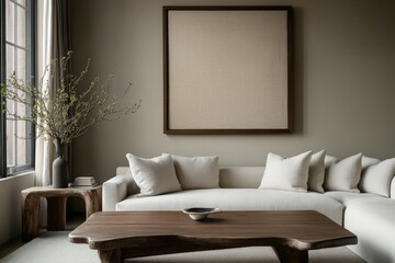 Elegant minimalist living room featuring a cozy couch and natural decor