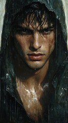 Dramatic rainy portrait of a young man urban setting cinematic emotional depth dark and moody atmosphere