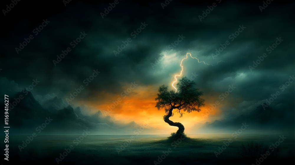 Poster a solitary tree is dramatically illuminated by a blinding flash of lightning amidst a stormy moody s