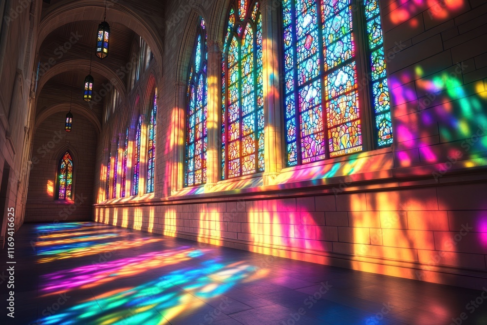 Poster sunlight streams through stained glass windows, casting colorful patterns on the walls of a historic