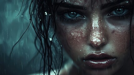 Dramatic rainy portrait of a woman urban setting dark emotive close-up intense mood artistic