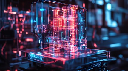 A high-tech digital vault with transparent blocks 