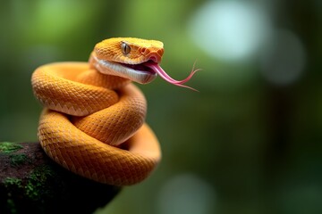 Fototapeta premium Primal Viper Coiled in Protective Stance Sensing Approaching Intruders with Flicking Tongue and Pheromone Charged Energy