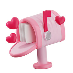 A cheerful, pink 3D rendered mailbox with its flap open, revealing empty slots, and floating hearts symbolizing love letters.