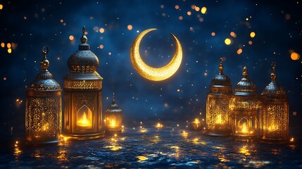 Obraz premium Illuminated Lanterns Crescent Moon Night Festive Scene