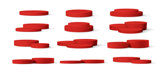 Red Realistic Empty 3d Product Podium Set Isolated on White Background. Vector Illustration