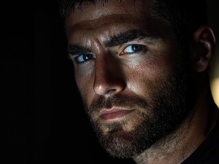 Fototapeta premium Dramatic dimly lit portrait of a man studio setting close-up intense mood male subject