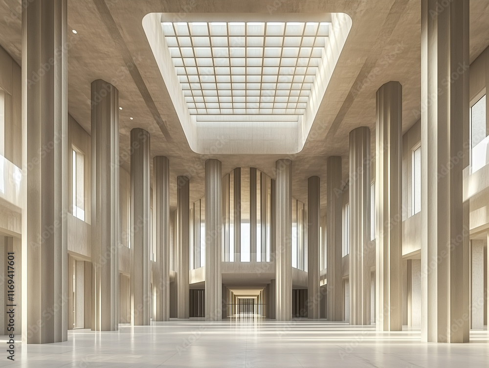 Poster a spacious, modern concrete hall with numerous columns and large, luminous windows provides a striki