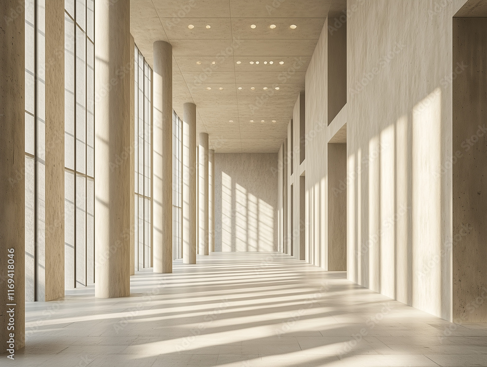 Poster a spacious, modern concrete hall with numerous columns and large, luminous windows provides a striki
