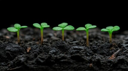 New seedlings emerge from rich dark soil in a nurturing environment