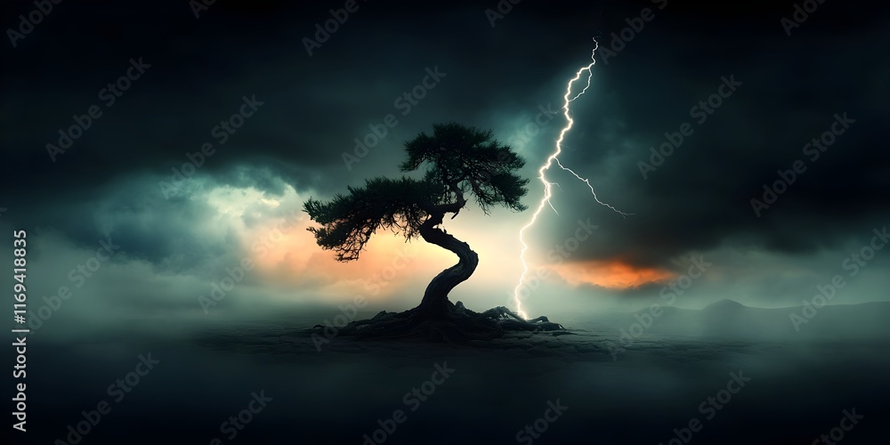 Poster moody silhouetted tree standing resolute in a barren landscape suddenly illuminated by a jagged bolt
