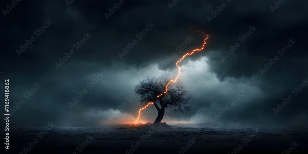 Poster jagged bolt of lightning arcing down to strike an ancient weathered tree standing resolute in a barr
