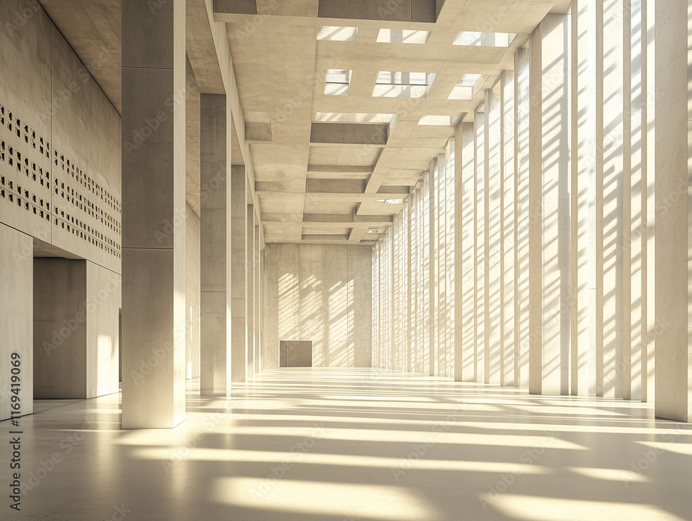 Poster a spacious, modern concrete hall with numerous columns and large, luminous windows provides a striki