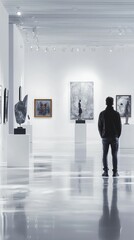 Art Gallery Interior with Visitor Observing Contemporary Sculptures