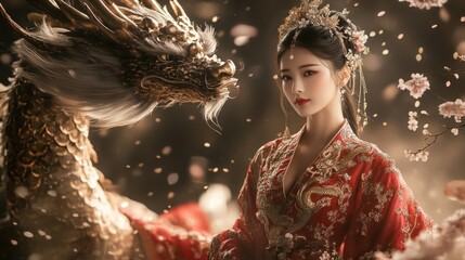 A beautiful Chinese princess in a traditional red dress and a dragon, background wallpaper AI generated image