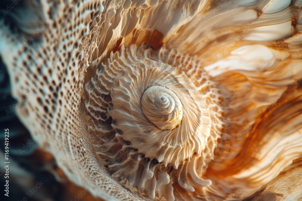 Poster close-up view reveals the stunning textures and patterns of a seashell, highlighting its unique mari