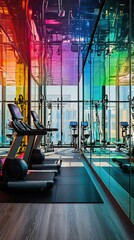Modern gym interior with vibrant rainbow lighting and workout equipment