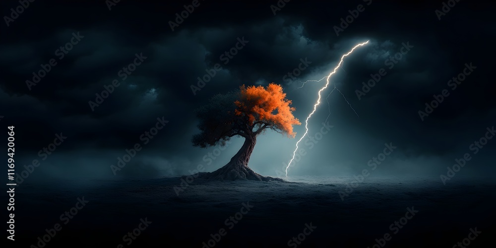 Poster lone weathered tree standing resolute in a barren desolate landscape as a dramatic jagged bolt of li