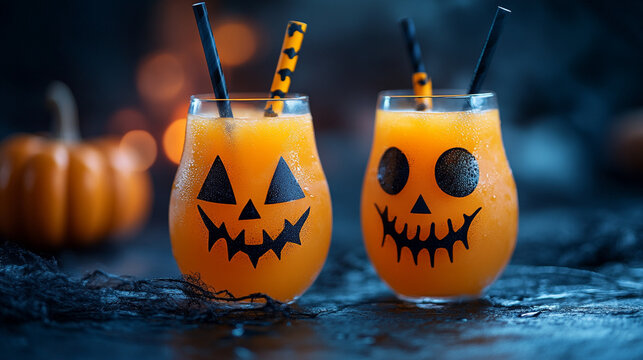 Halloween themed drinks served in glasses with spooky designs on a dark background