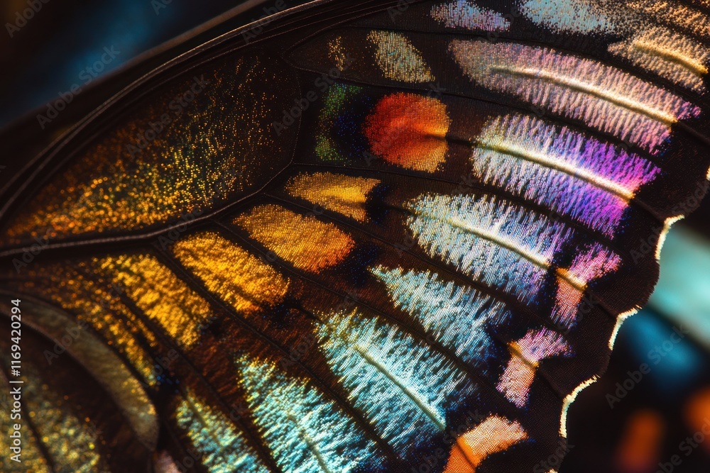 Poster close-up view of a butterfly wing displaying detailed patterns and vibrant colors illuminated by sun