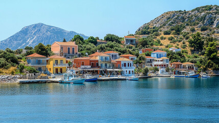 Fototapeta premium Colorful coastal village by the water in Greece on a clear sunny day