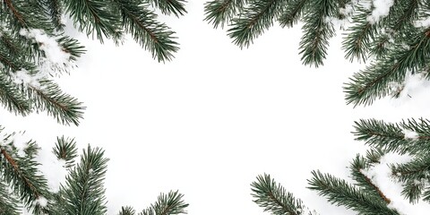 Snow Covered Pine Branches Frame White Background