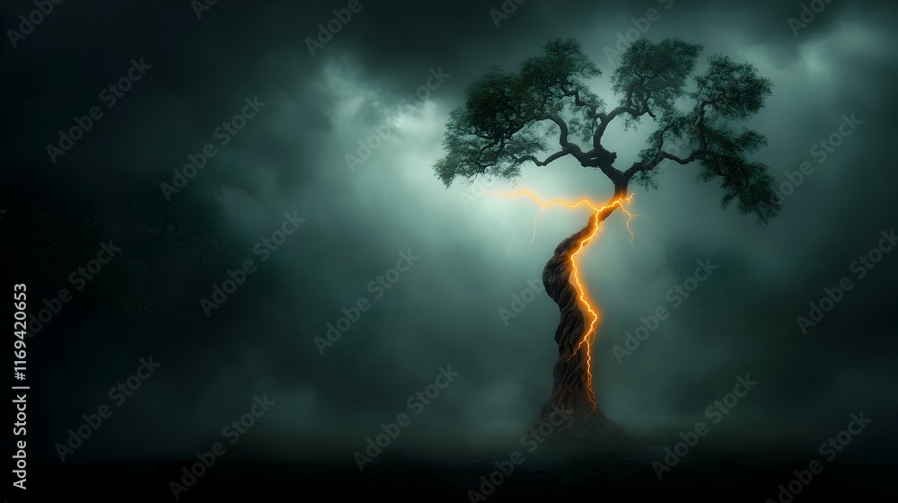 Poster surreal lightning bolt slicing through the dramatic storm swept sky dramatically illuminating the tw