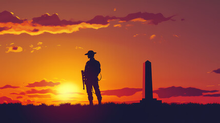 Fototapeta premium Anzac day sunrise soldier silhouette. Cenotaph. Illustration