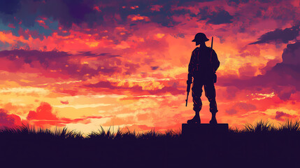 Fototapeta premium Anzac day sunrise soldier silhouette. Cenotaph. Illustration