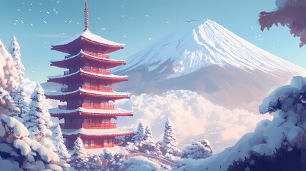 April of japan in the winter chureito red pagoda and mt. fuji in fujiyoshid japan. the chureito pagoda, a five storied pagoda also known as the fujiyoshida cenotaph monument. Cenotaph. Illustration