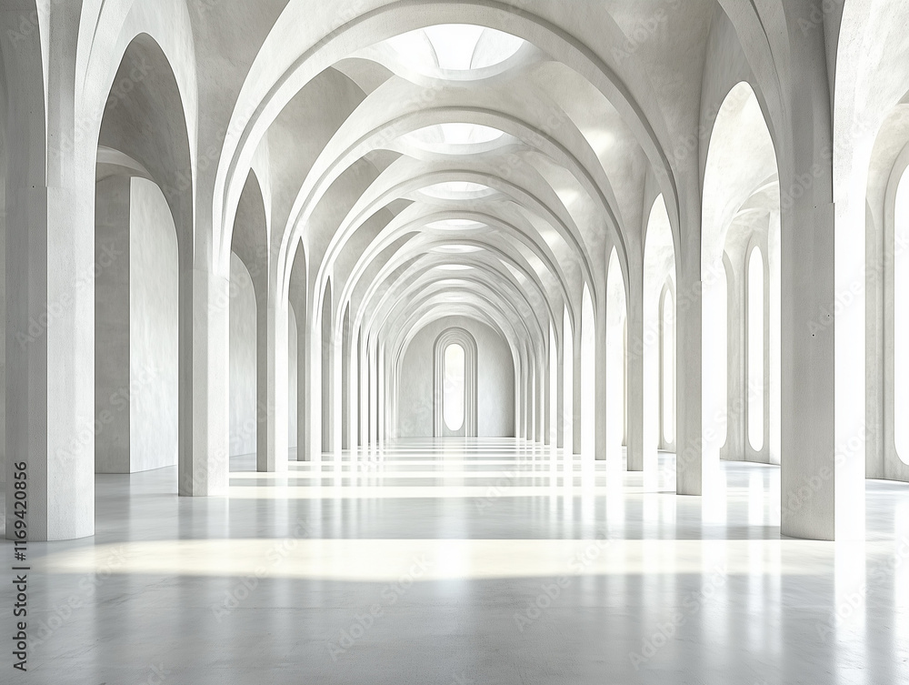 Poster a spacious, modern concrete hall with numerous columns and large, luminous windows provides a striki