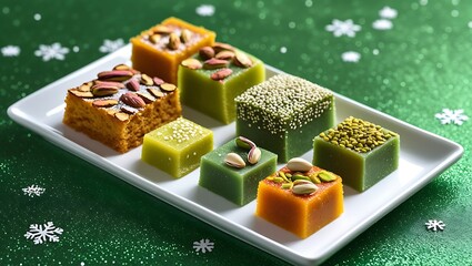 Colorful assortment of green and orange sweets arranged on a green table