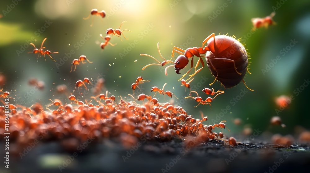 Poster captivating swarm of army ants in synchronized motion showcasing the intricate and mesmerizing patte