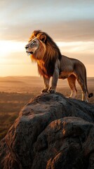 Majestic lion standing on a rock at sunset, overlooking a vast landscape.