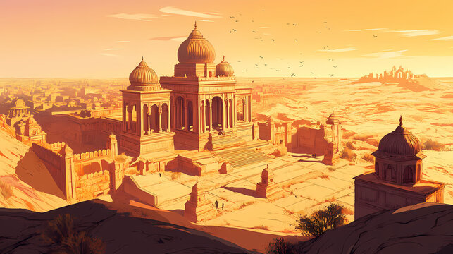 Bird's eye view of the bada bagh cenotaphs near jaisalmer, with ornate chhatris in a golden desert setting. no people. Cenotaph. Illustration
