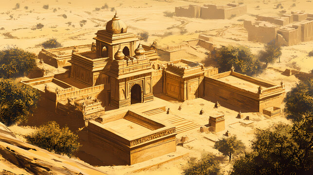 Bird's eye view of the bada bagh cenotaphs near jaisalmer, with ornate chhatris in a golden desert setting. no people. Cenotaph. Illustration