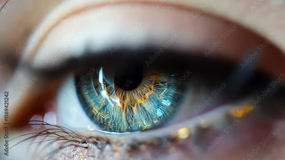 Poster a detailed close-up showcases a human eye featuring vibrant colors and intricate circuit designs, sy