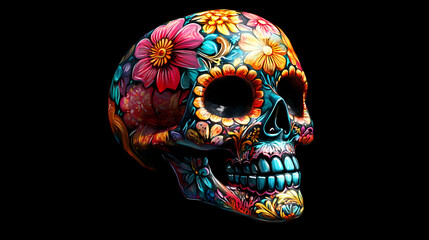 Colorful painted skull with flowers for the day of the dead. Cenotaph. Illustration