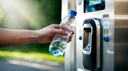 Placing empty plastic bottle into a reverse vending machine. Deposit return system for plastic bottles.  Sustainable waste management, recycling plastic