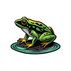 Create a vector illustration of a green frog with yellow accents sitting on a lily pad, with a reflective shadow underneath.
