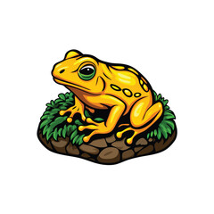A golden poison dart frog with green eyes, sitting on a mossy rock.