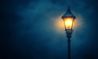 Glow of Vintage Street Lamp Illuminating Foggy Night Scene