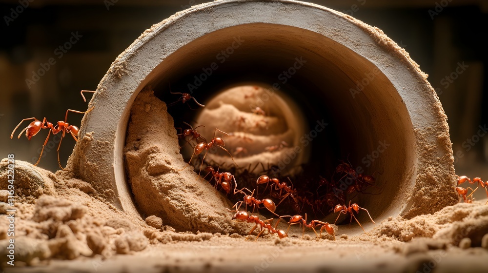 Poster swarming colony of ants constructing an elaborate underground nest with intricate tunnels and chambe