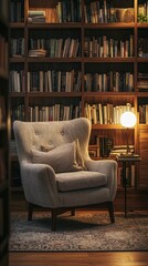 Cozy reading nook with armchair, bookshelf, and soft lighting