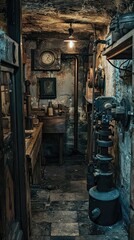 Dimly Lit Vintage Workshop with Tools and Antique Decor Elements