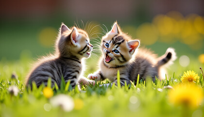 Two playful tabby kittens engaging in a friendly fight among flowers in March