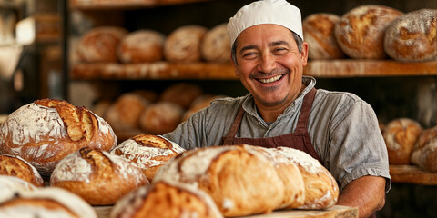 A baker in an apron and white hat is smiling and standing behind a display of freshly baked loaves of bread