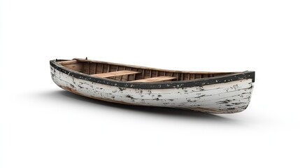 A weathered wooden rowboat with peeling white paint and exposed wood. Ideal for scenes of seaside charm or maritime history.