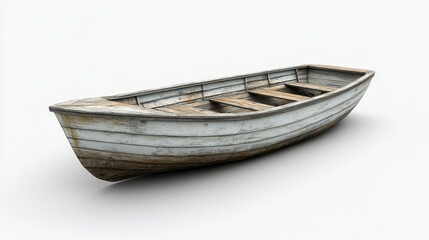 A weathered wooden rowboat isolated on a white background. Ideal for maritime scenes or nautical-themed projects.